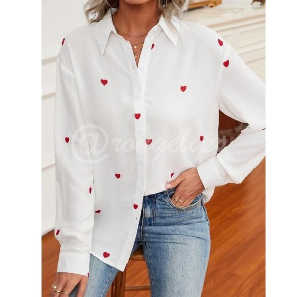 White Casual Shirt Red Hearts Printed Button Down Up Long Sleeve - Picture 1 of 9
